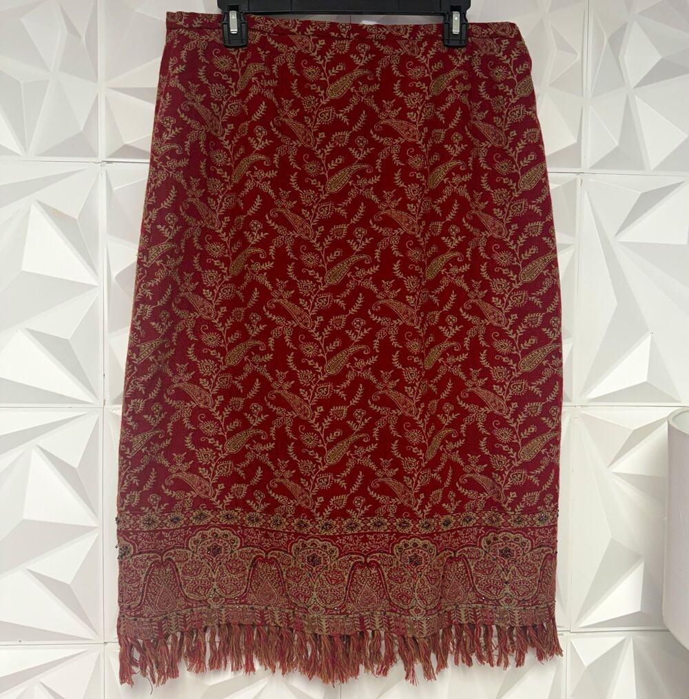 Nouveaux Women’s Size 16 Burgundy/Gold Paisley Long Lined Fringe Skirt